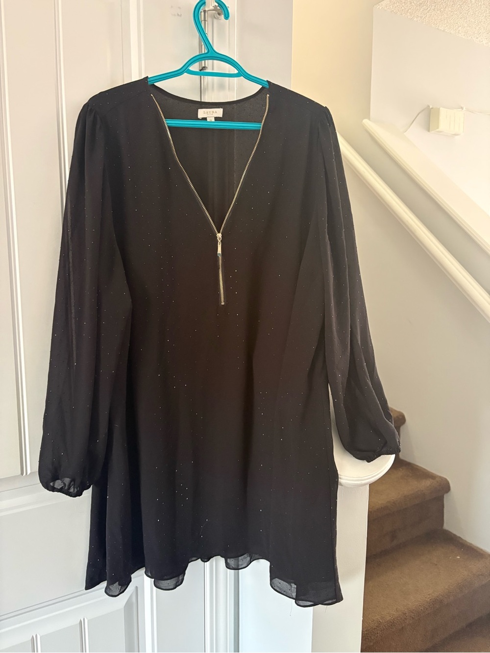 Black Sparkle V-Neck Tunic with Zip Detail